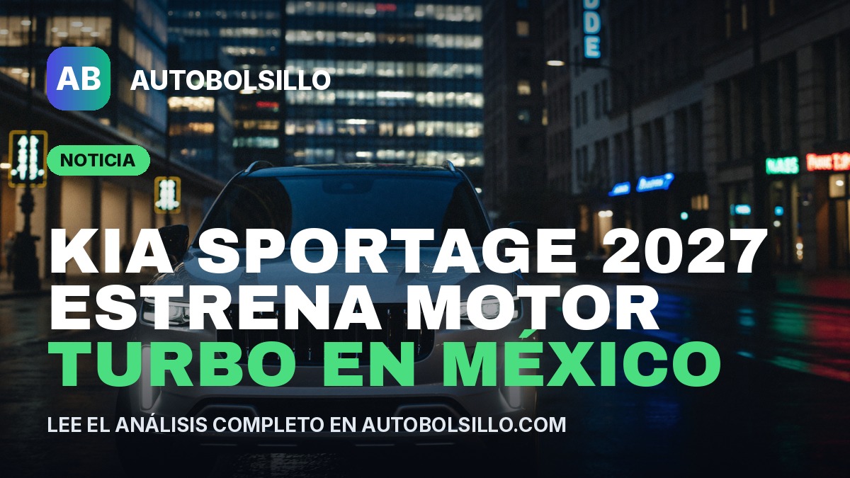 Kia Sportage 2027 en una avenida de noche, con el titular de la noticia sobre su nuevo motor turbo