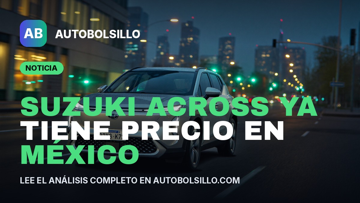 Suzuki Across 2026 en una calle de ciudad de noche, con el titular de la noticia sobre su llegada a México
